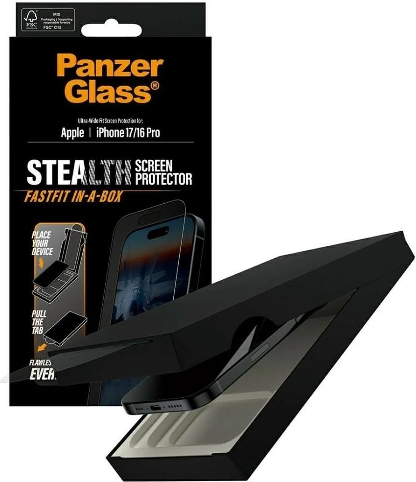 Xham mbrojtës PanzerGlass Stealth Ultra-Wide Fit Fastfit për iPhone 16 Pro/17, transparent