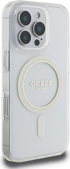 Mbështjellës Guess IML Glitter Circle MagSafe për iPhone 16 Pro Max, hardcase TPU/PC, kompatibil me MagSafe, transparent