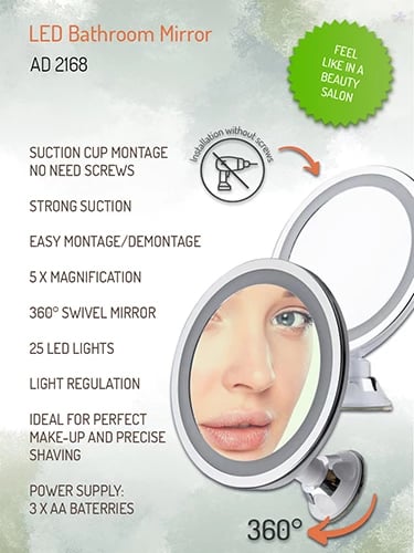 Pasqyrë LED banjoje, Adler AD 2168, zmadhim 5x, diametër 20 cm, 24 LED, rrotullim 360°, IPX4, montim me vakum, me bateri 3xAAA