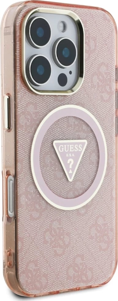Mbështjellës Guess IML Metal Glitter 4G Circle Triangle MagSafe për iPhone 16 Pro Max, Rozë