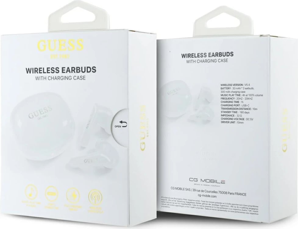 Kufje Guess Flat Classic Logo TWS, Bluetooth 5.4, me stacion karikimi, të bardha Kufje Guess Flat Classic Logo TWS, Bluetooth 5.4, me stacion karikimi, të bardha