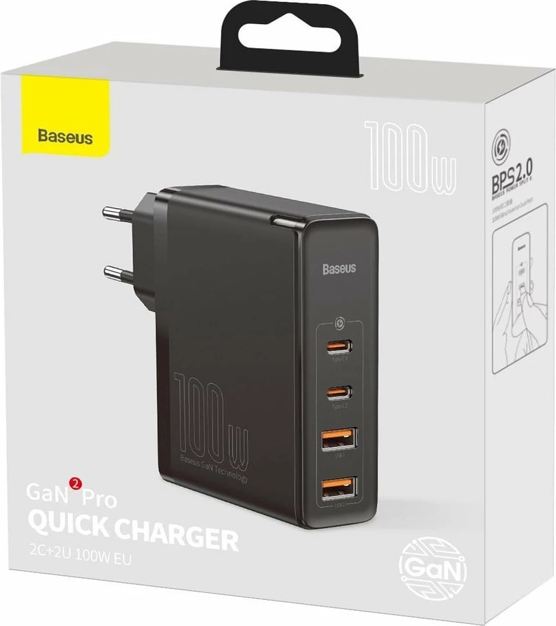 Karikues i shpejtë Baseus GaN2 Pro, 100W, 2x USB-C, 2x USB-A, i zi