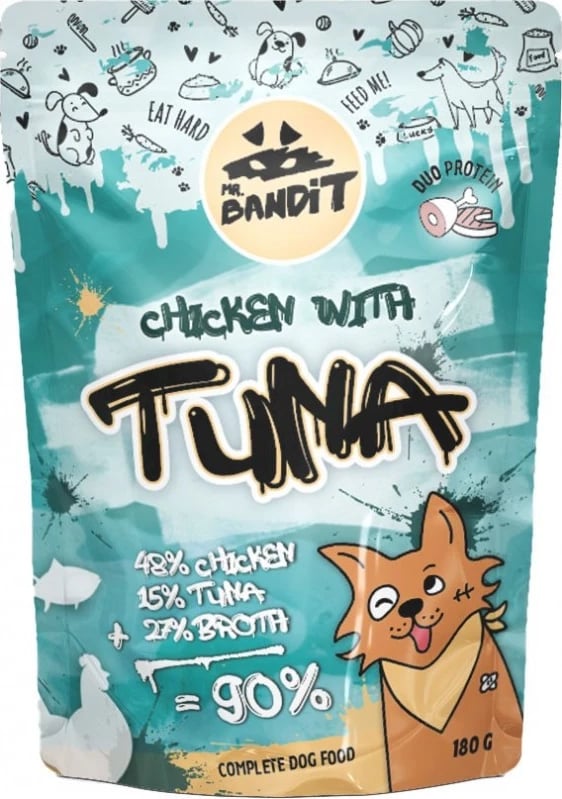 Ushqim i lëngëshëm për qen Mr. Bandit pule & tuna, 180 gr.