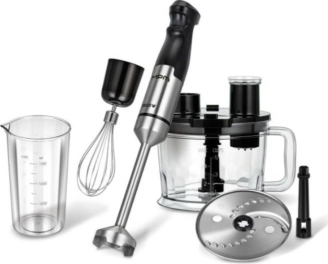 Blender dore set, MPM, MBL-39M, 1500 W, rregullim i vazhdueshëm i shpejtësisë, enë 1250 ml me teh inox, disk prerës dhe tel rrahës, Black/Steel