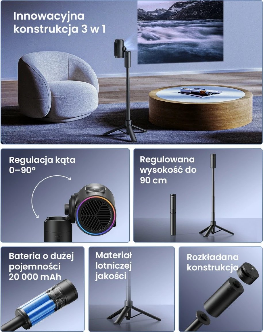 Tripod me powerbank JMGO P0X1 20000 mAh USB-C për pajisje me fiksim 1/4", e zezë