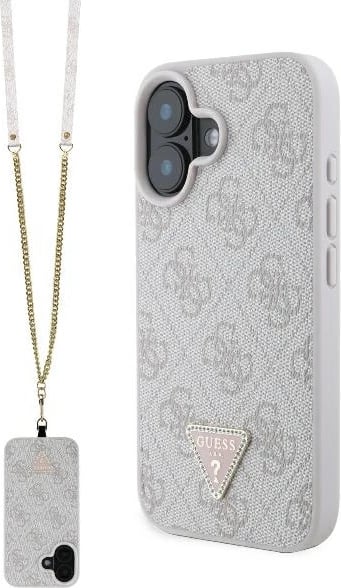 Mbështjellës Guess Leather Metal Logo Strass për iPhone 16, Rozë