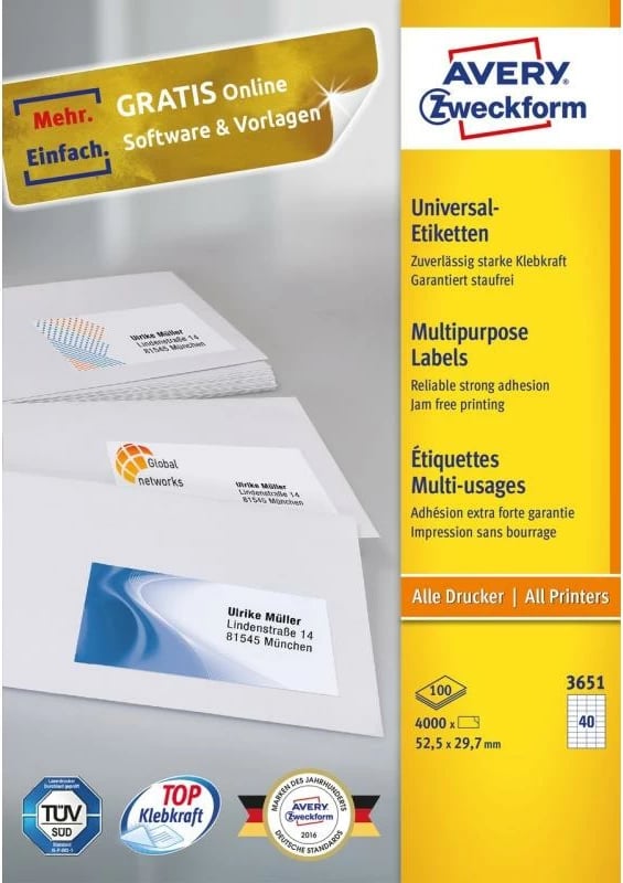 Etiketa vetëngjitëse, Avery Zweckform, 3651, 52.5 x 29.7 mm, A4, paketë 100 fletë, bardhë