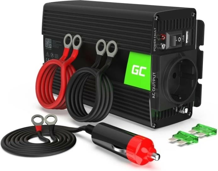 Konvertues Green Cell INV05DE, 300W/600W, 12V në 230V, i zi