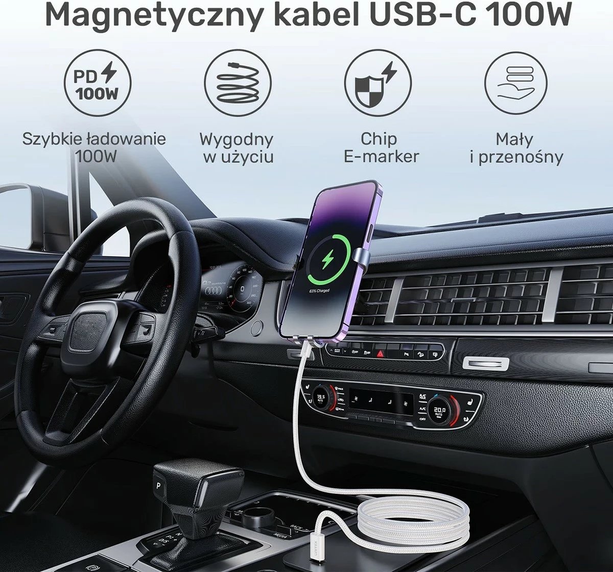 Kabëll Unitek USB-C PD 100W, 1m, bardhë Kabëll Unitek USB-C PD 100W, 1m, bardhë