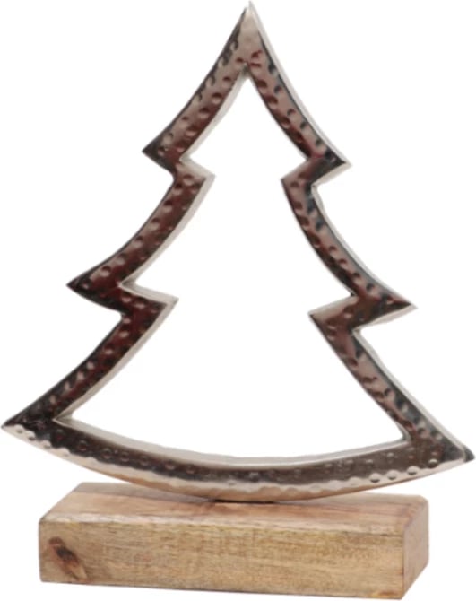 Dekor pemë Krishtlindjesh EIRA, alumin argjend, dru mango natyral, 15x5x19cm