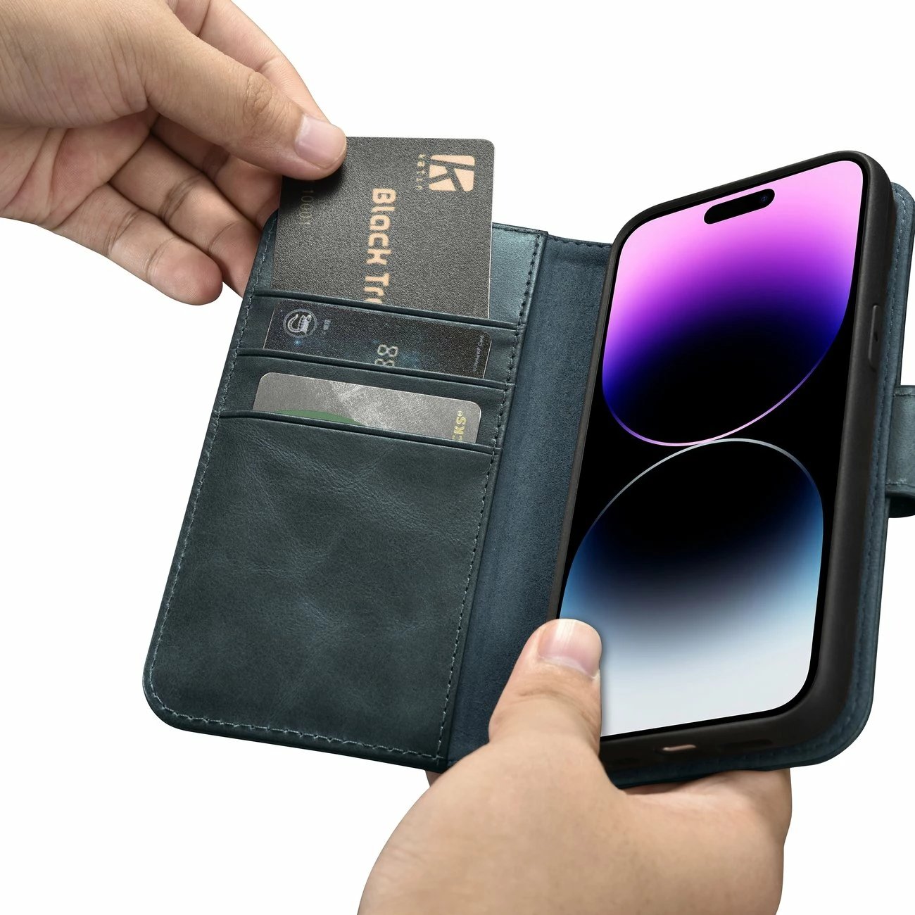Mbështjellës iCarer Oil Wax Wallet 2in1 për iPhone 14 Pro Max, lëkurë, Anti-RFID, blu