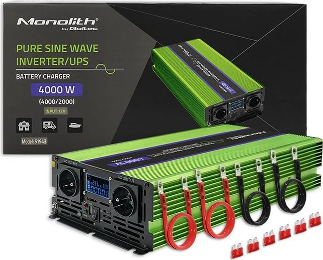 Konvertues voltazhi Qoltec Monolith 51943, 2000W/4000W, 12V në 230V, Pure Sinus, LCD, Jeshile