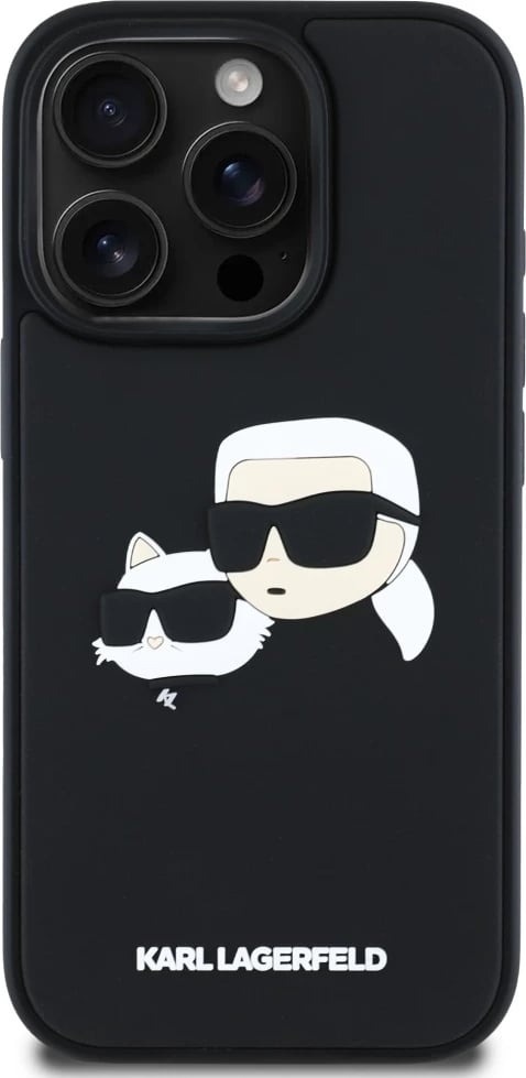 Mbështjellës Karl Lagerfeld HC 3D Rubber Double Heads për iPhone 16 Pro, i zi