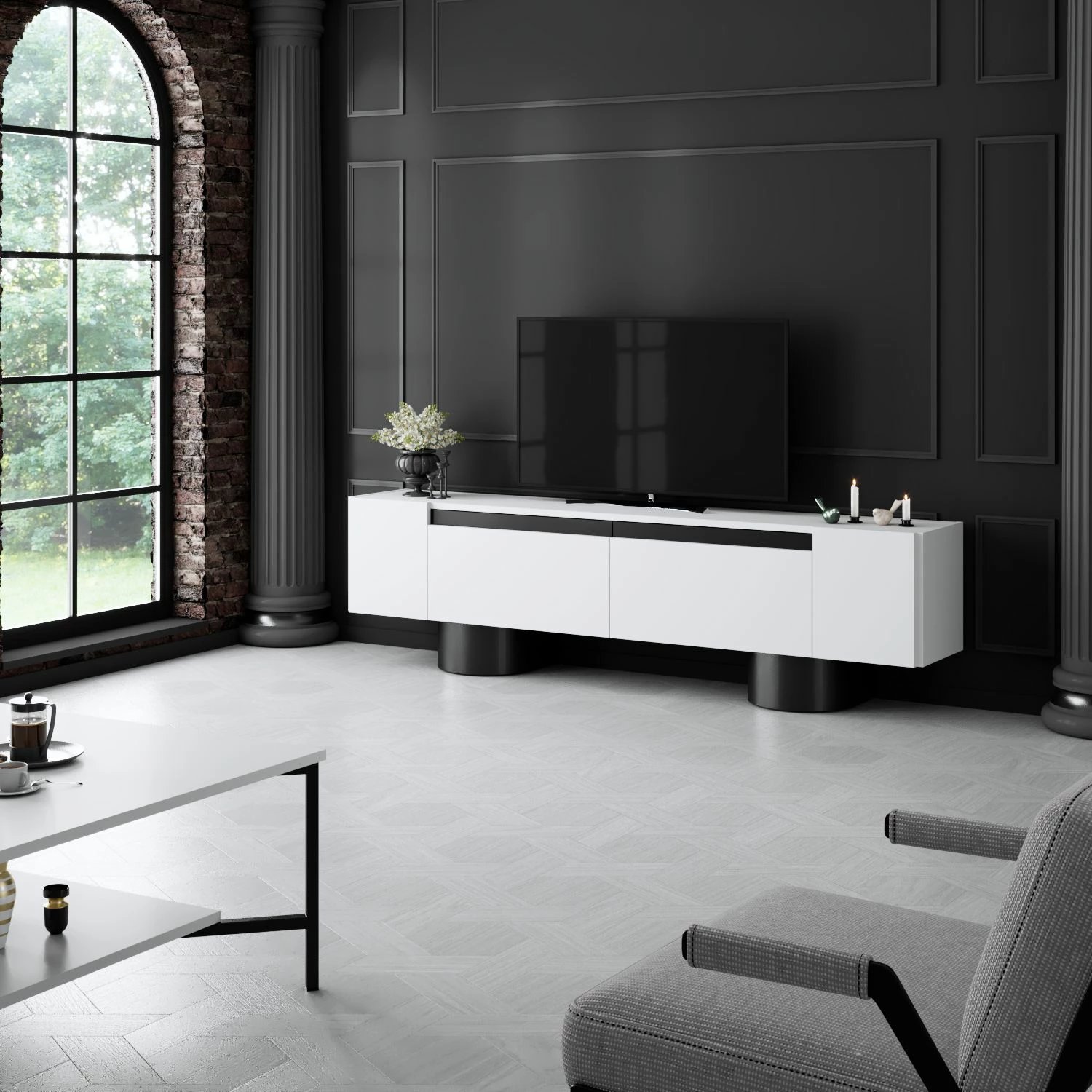 Komodë për TV Hanah Home, Bohem, e bardhë, e zezë