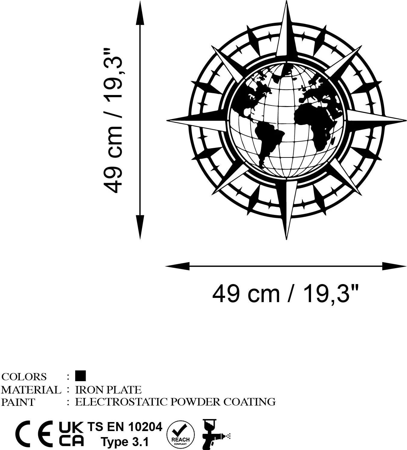 Aksesor dekorativ metalik për mur, Bussola, Wallity, ngjyrë e zezë, 49x49cm