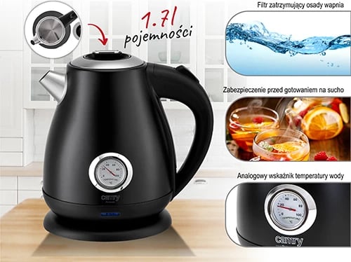 Ujëzjerëse elektrike, Camry CR 1344, 1.7L 2200W, termometër analog, trup çelik inox, e zezë