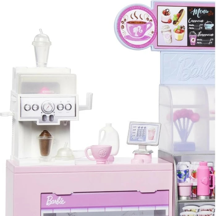 Set lodër Barbie Barista me kukull dhe kafene, Mattel HXN94, 12+ aksesorë, rozë