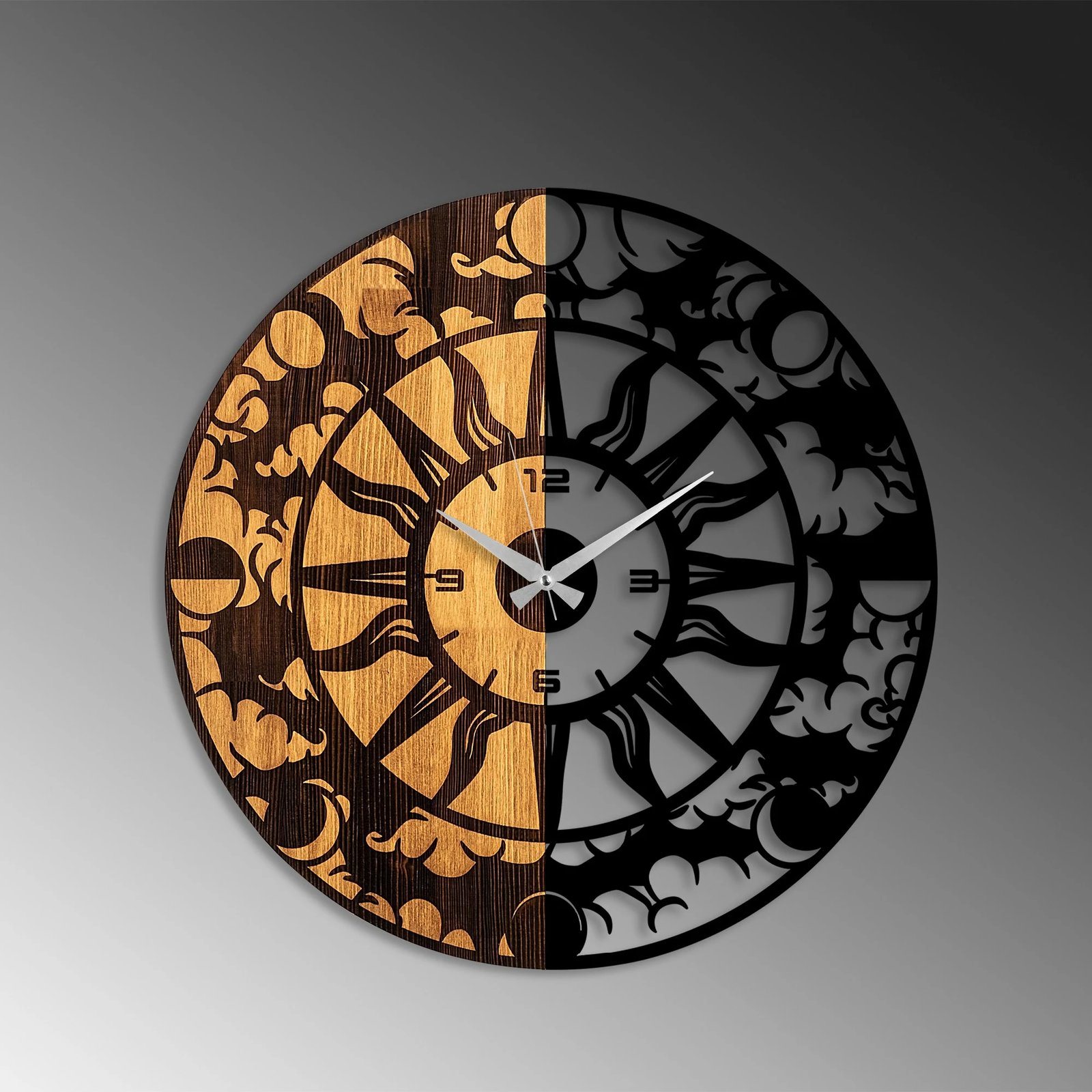 Orë muri dekorative prej druri, Wallity, ngjyrë arre dhe e zezë, 56cm