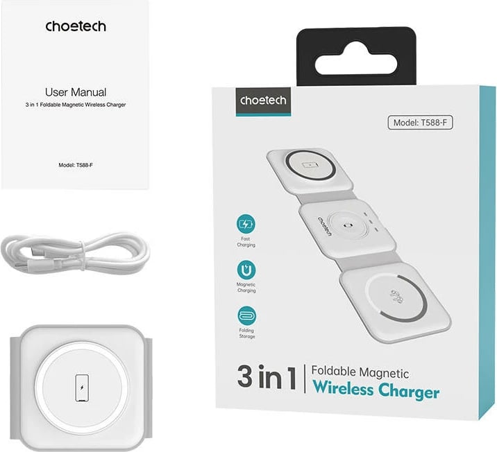 Karikues wireless 3-në-1 Choetech T588-F, 15W, i bardhë