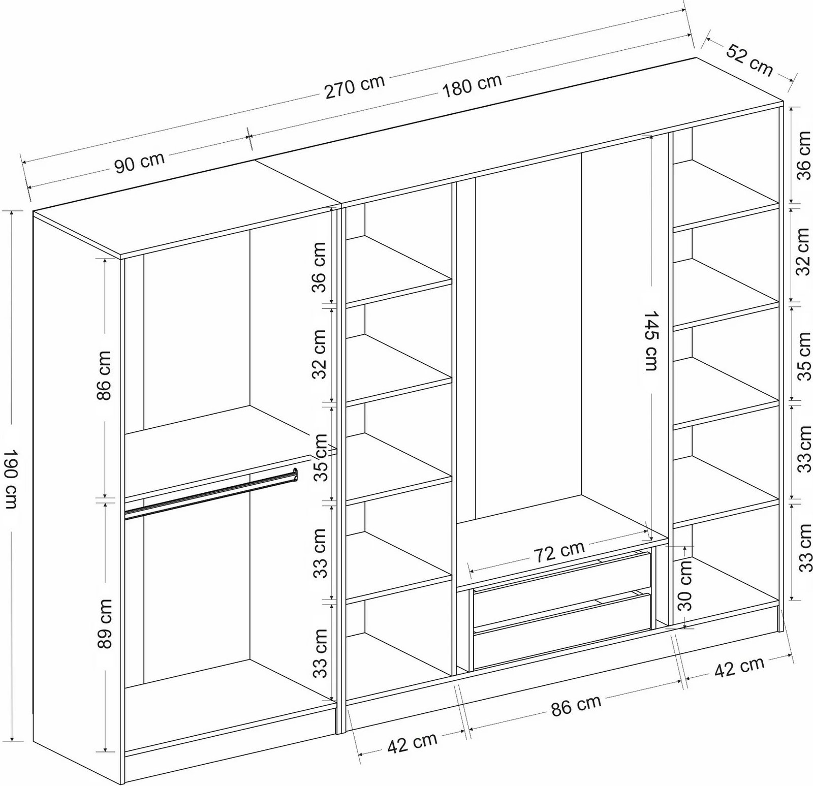 Dollap Skye Decor, anthracite e zi, 270x190x52cm