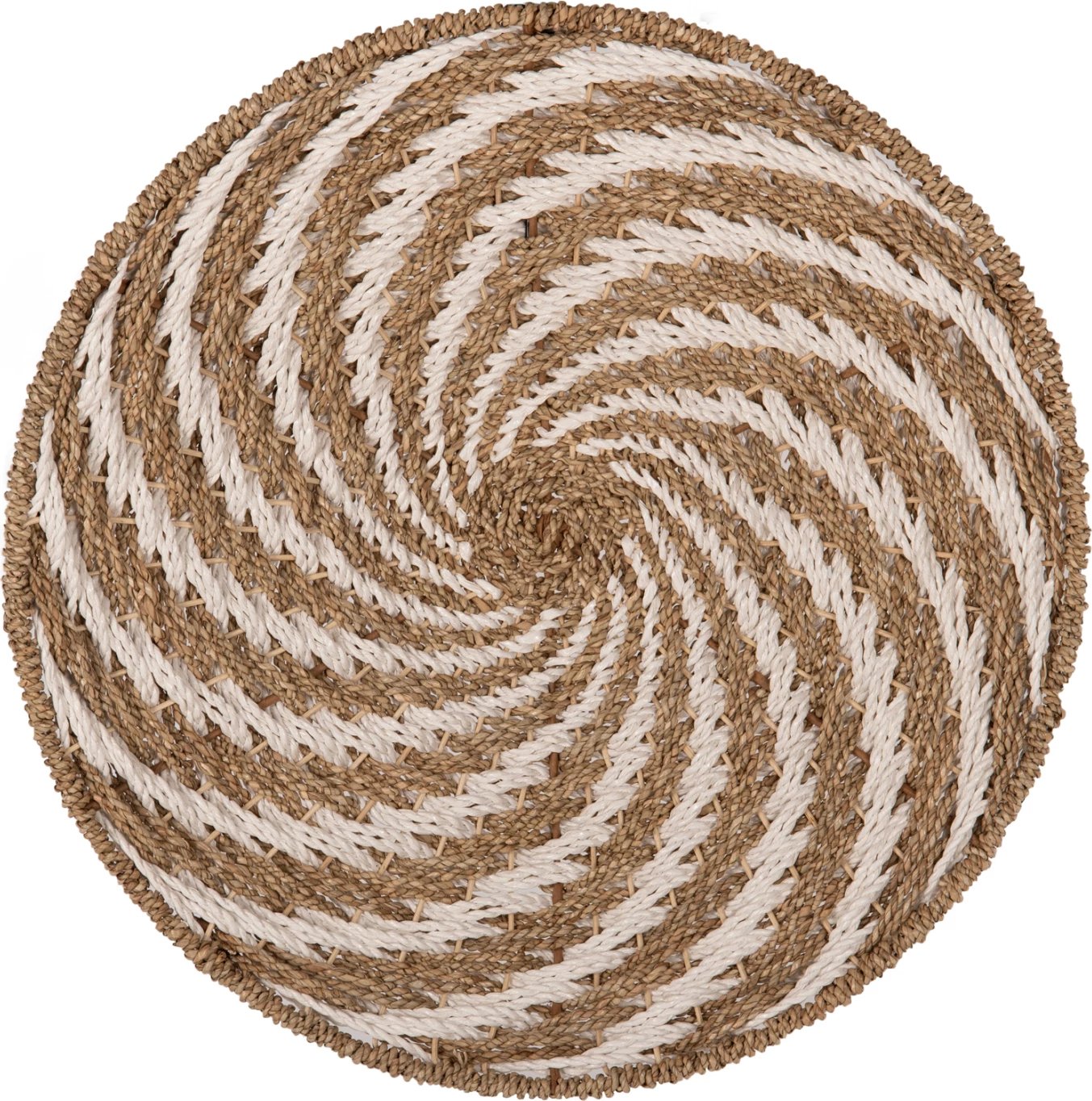 Dekor muri i rrumbullakët, pamje spirale, rush-mat, ngjyrë e bardhë dhe natyrale, FH7830.01, Φ61x3 cm