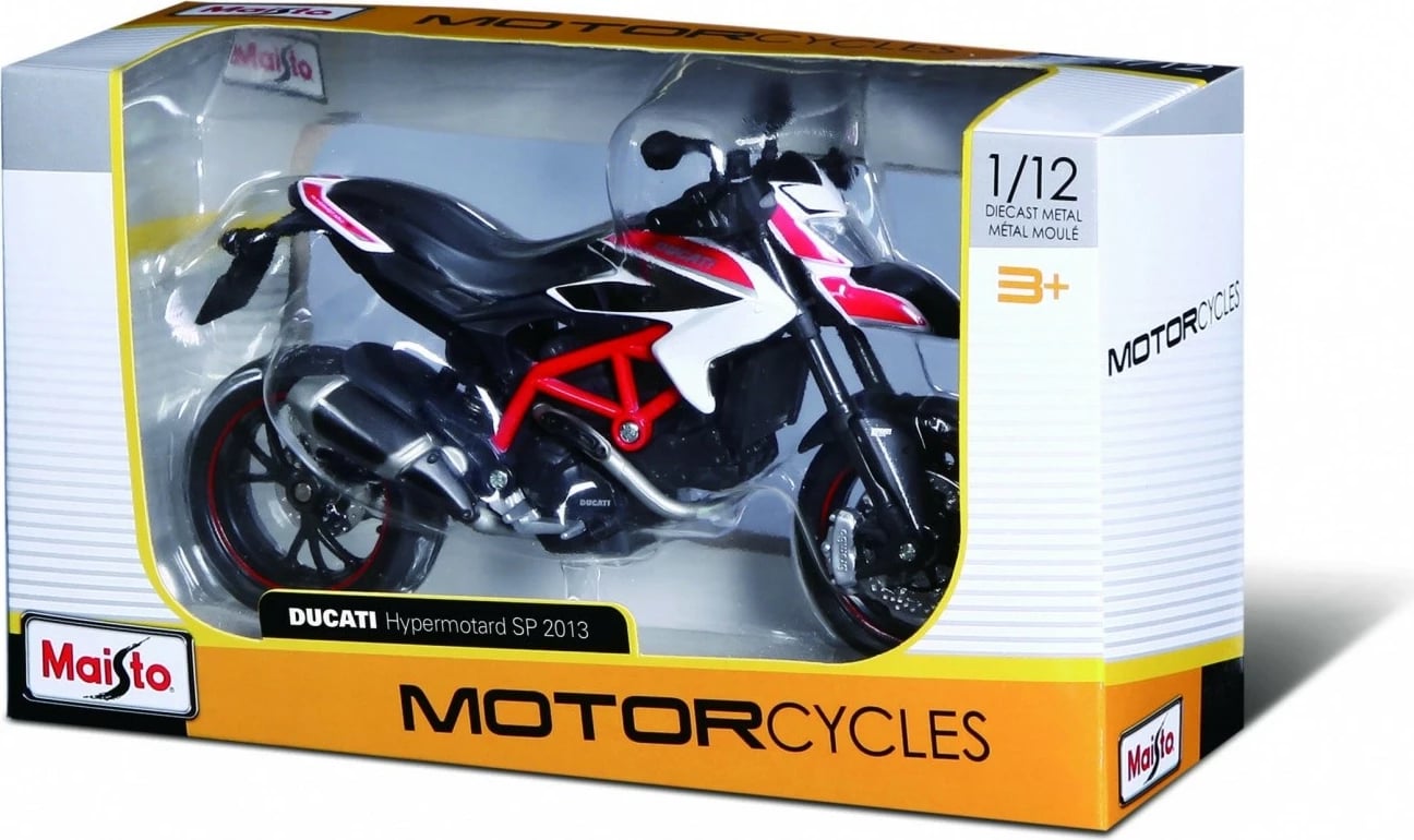 Model motor metalik Maisto Ducati Hypermotard SP 2013, 1:12, zi/kuq/bardhë