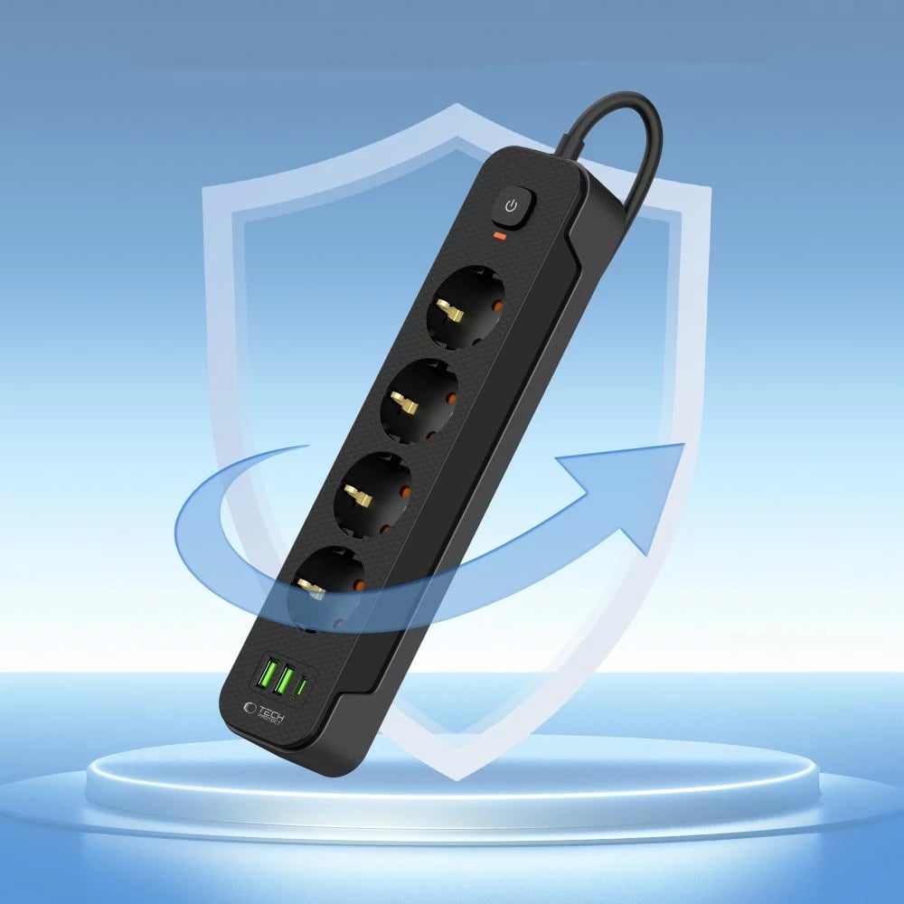 Prizë elektrike Tech-Protect PCL4X3 me 4 dalje, 2xUSB-A, 1xUSB-C, 200 cm, e zezë