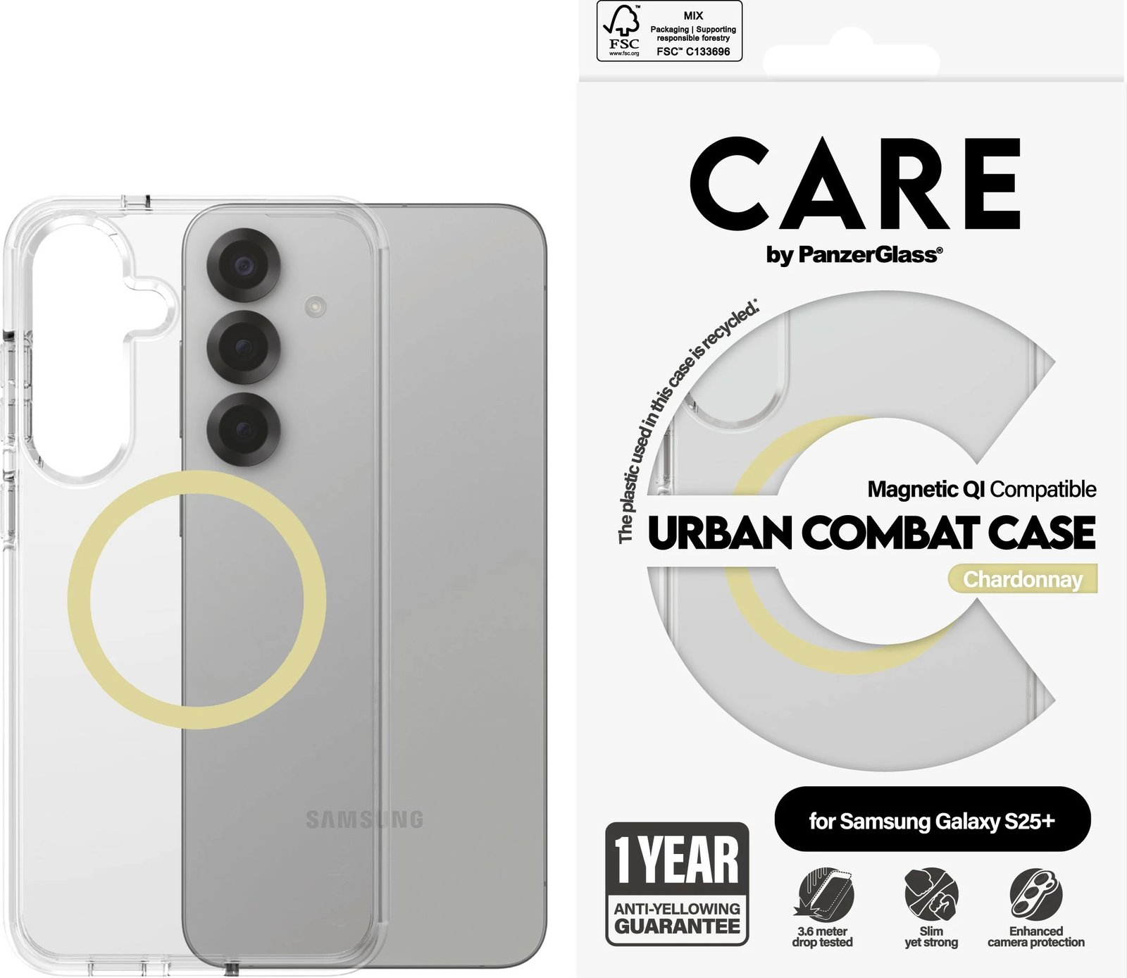 Mbështjellës PanzerGlass CARE Flagship Case Clear Chardonnay QI për Galaxy S25 Plus, transparent