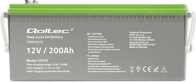 Akumulator Deep Cycle Gel Qoltec 12V 200Ah, Gri/Gjelbër