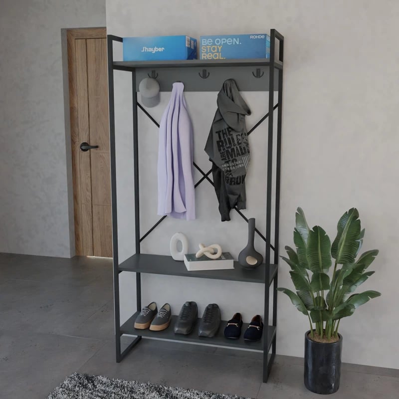 Mobilje hyrëse Levento, anthracite, kornizë metalike e zezë, 88x34x180cm