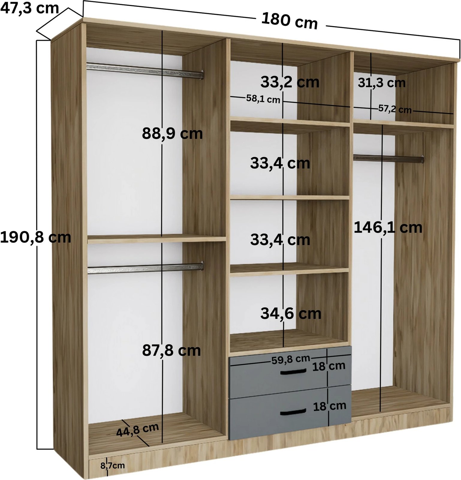 Dollap Skye Decor, ngjyrë gri dhe e bardhë, Yaman Luna - Fel 1600-65, 180x190x45 cm