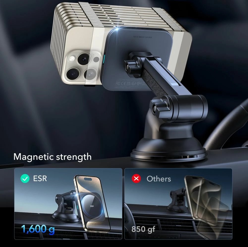 Mbajtës magnetik për veturë ESR HaloLock MagSafe Qi2 15W, i zi