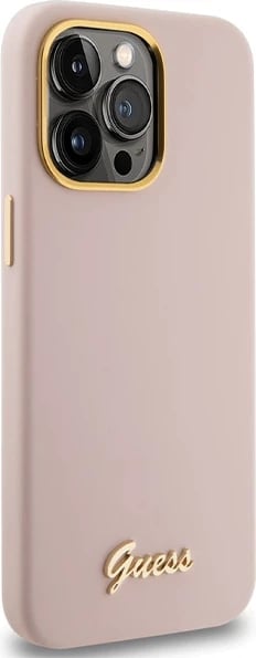 Mbështjellës Guess Silicone Script Metal Logo & Frame për iPhone 15 Pro, Rozë