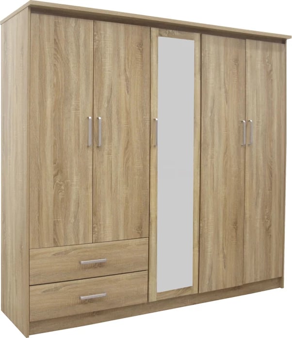 Dollap Olympus me 5 dyer dhe sirtarë+pasqyrë, ngjyrë lisi e çelët, 198x57x183