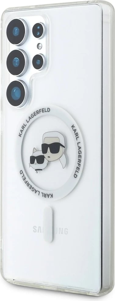 Mbështjellës Karl Lagerfeld Button Karl & Choupette Heads Printed Logo MagSafe për Samsung Galaxy S25 Ultra, Bardhë