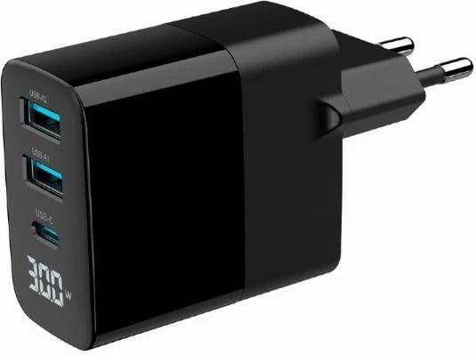 Karikues muri Gembird TA-UC-PDQC30LCD-BK-02, 30W, 3 porta USB, Ekran LCD, i zi