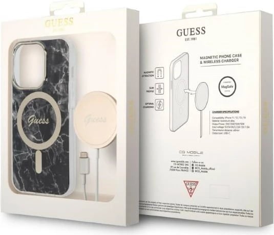 Set mbështjellës Guess Marble Collection me karikues wireless MagSafe për iPhone 14 Pro Max, 6.7", zi/artë