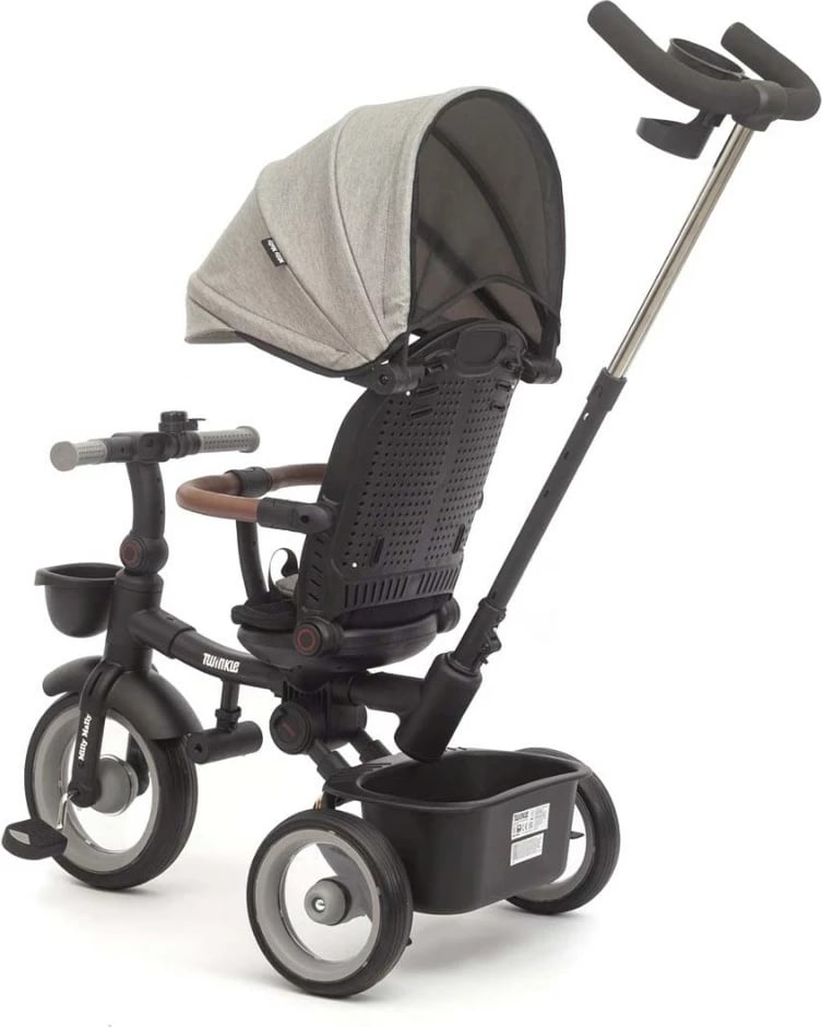 tricikletë për fëmijë, Milly Mally Twinkle, sedilje rrotulluese 180°, timon prindëror i rregullueshëm, dritë LED, kornizë çeliku, gri
