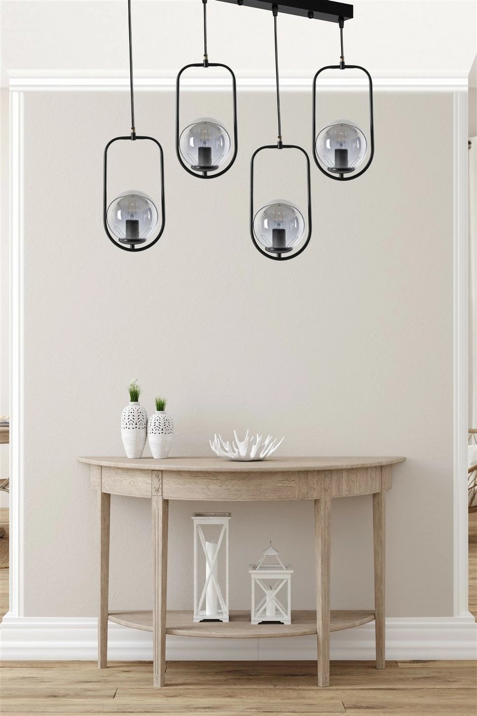 Llambë varëse industriale Opviq, 4 drita, xham i tymosur, ngjyrë e zezë