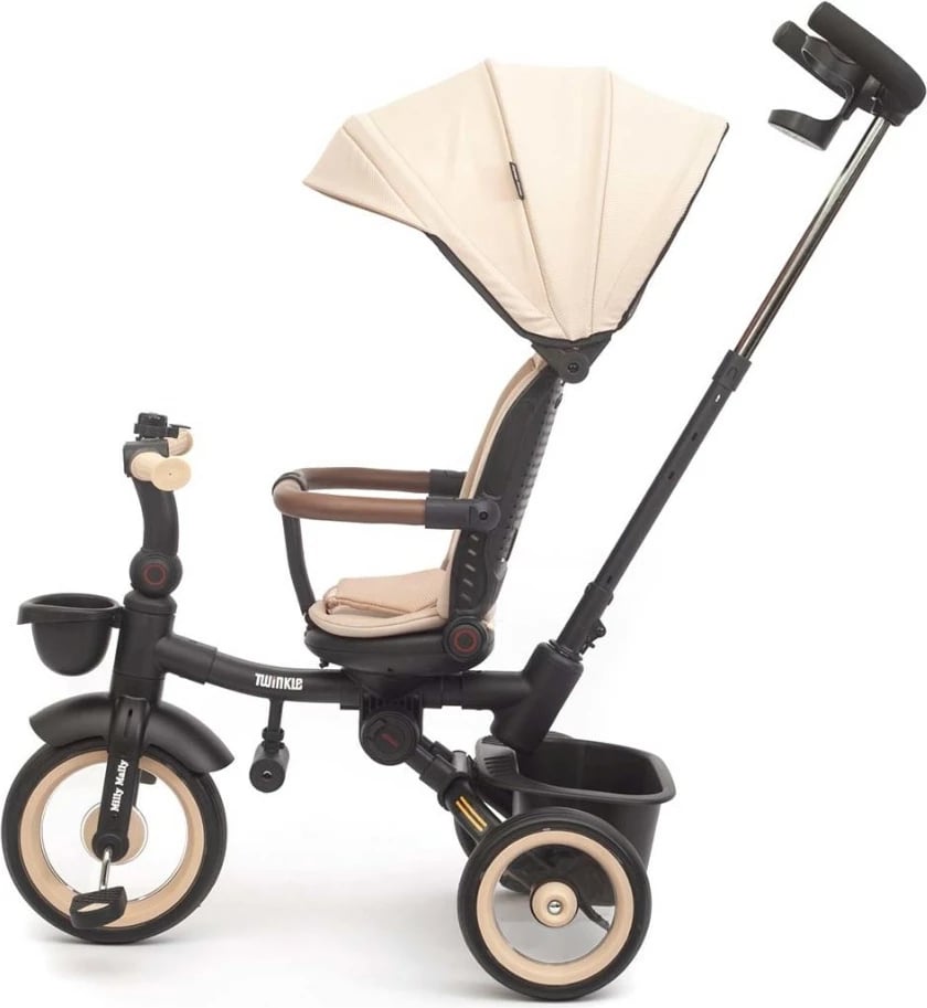 Tricikletë fëmijësh me dritë Milly Mally Twinkle, sedile rrotulluese 180°, timon prindëror i rregullueshëm, rrota shkumë, kapacitet 25 kg, me çati dhe kosha, bezhë