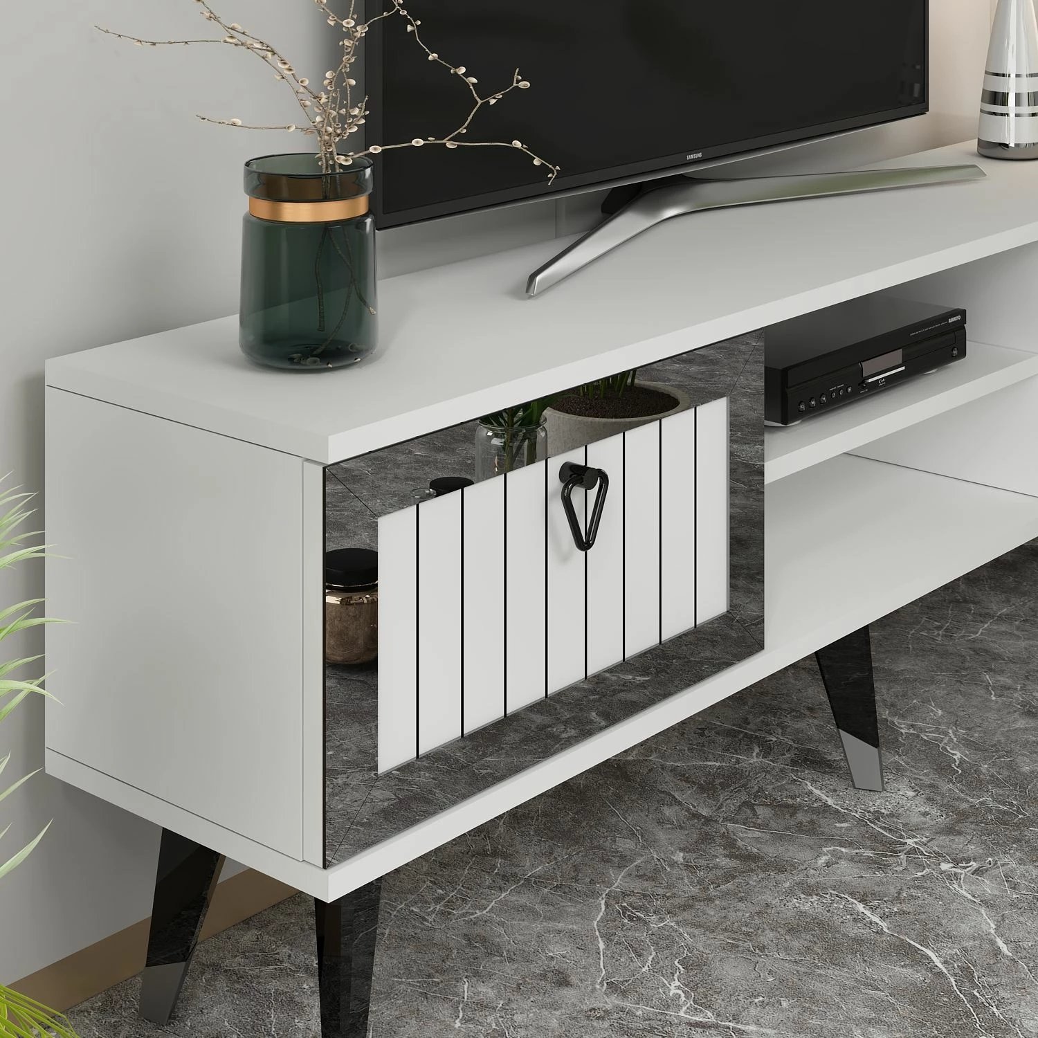 Komodë TV Skye Decor, Lidya, e bardhë, argjend