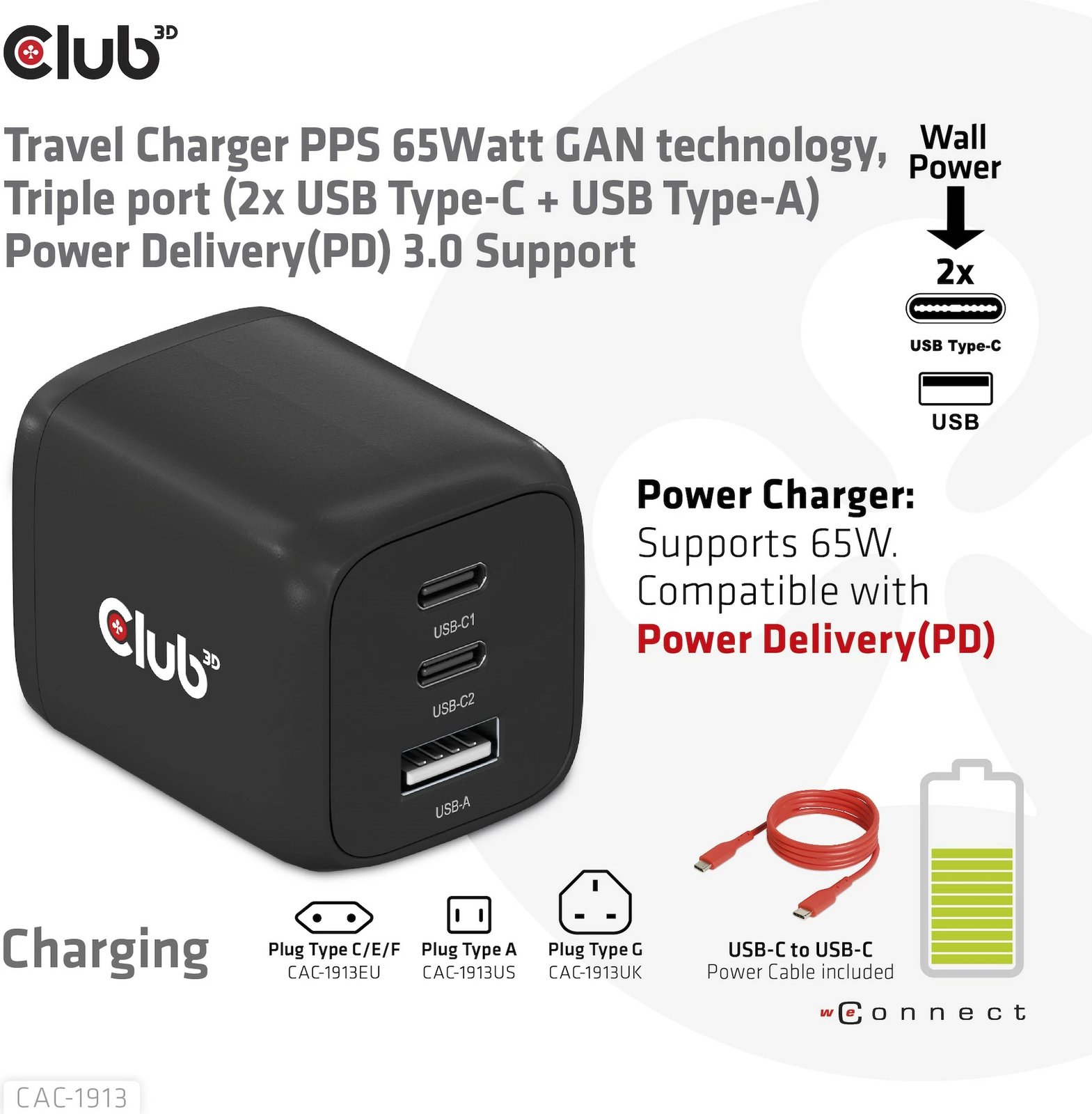 Karikues Club3D CAC-1913EU, 2xUSB Type-C, 1xUSB Type-A, PD 65W, GaN, i zi