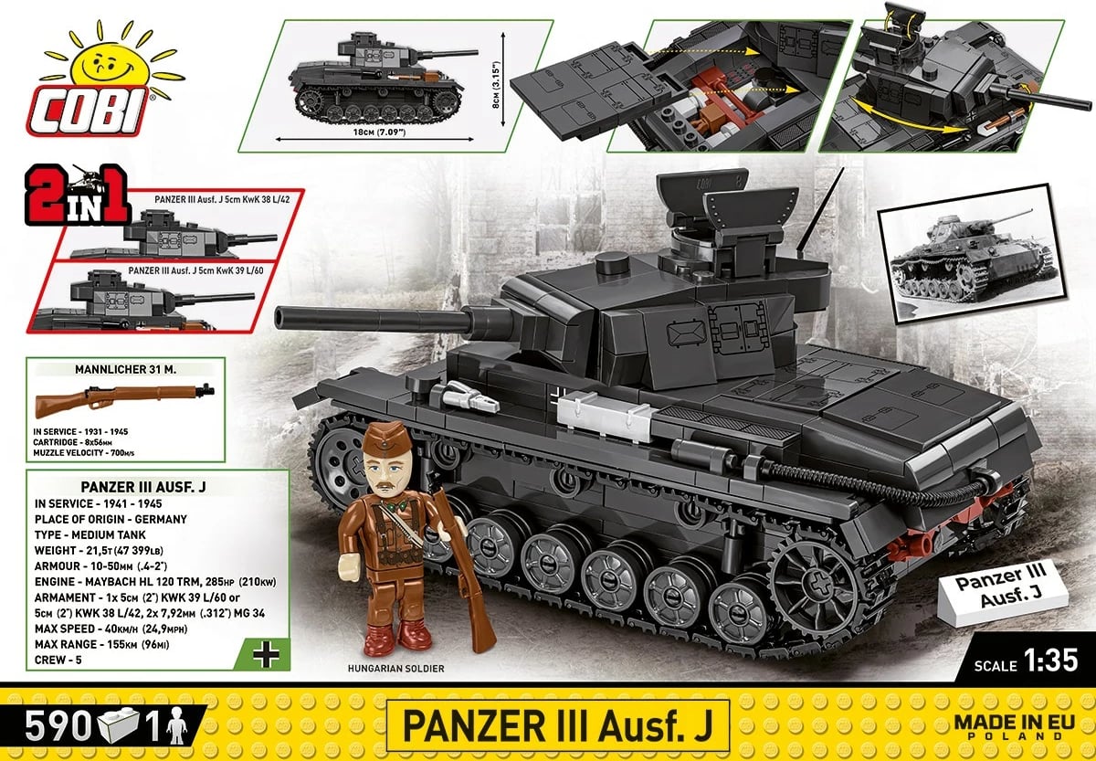 Set ndërtimi Cobi Klocki Panzer III Ausf. J, 590 pjesë, me figurë ushtari, plastikë