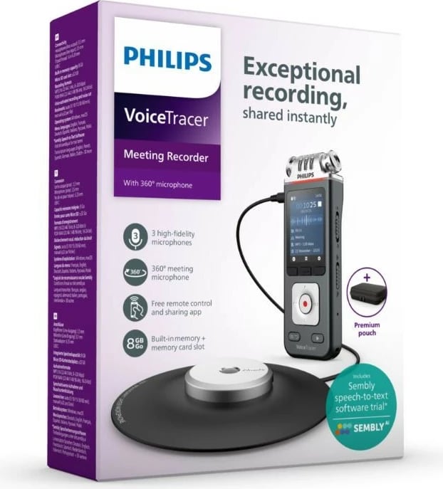 Dyktafon Philips VoiceTracer DVT8115, 8GB, mikrofon 360°, microSDHC 32GB, Zi/Argjendtë