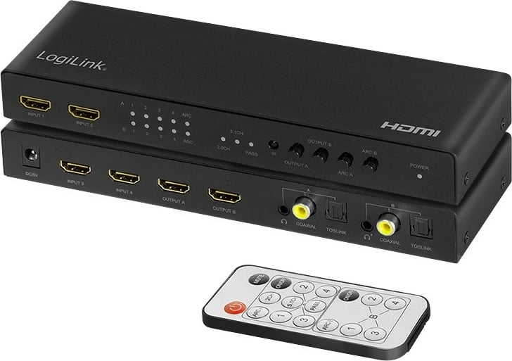 Switch LogiLink HD0049 HDMI 4x2, 4K 60Hz, me telekomandë, Zi