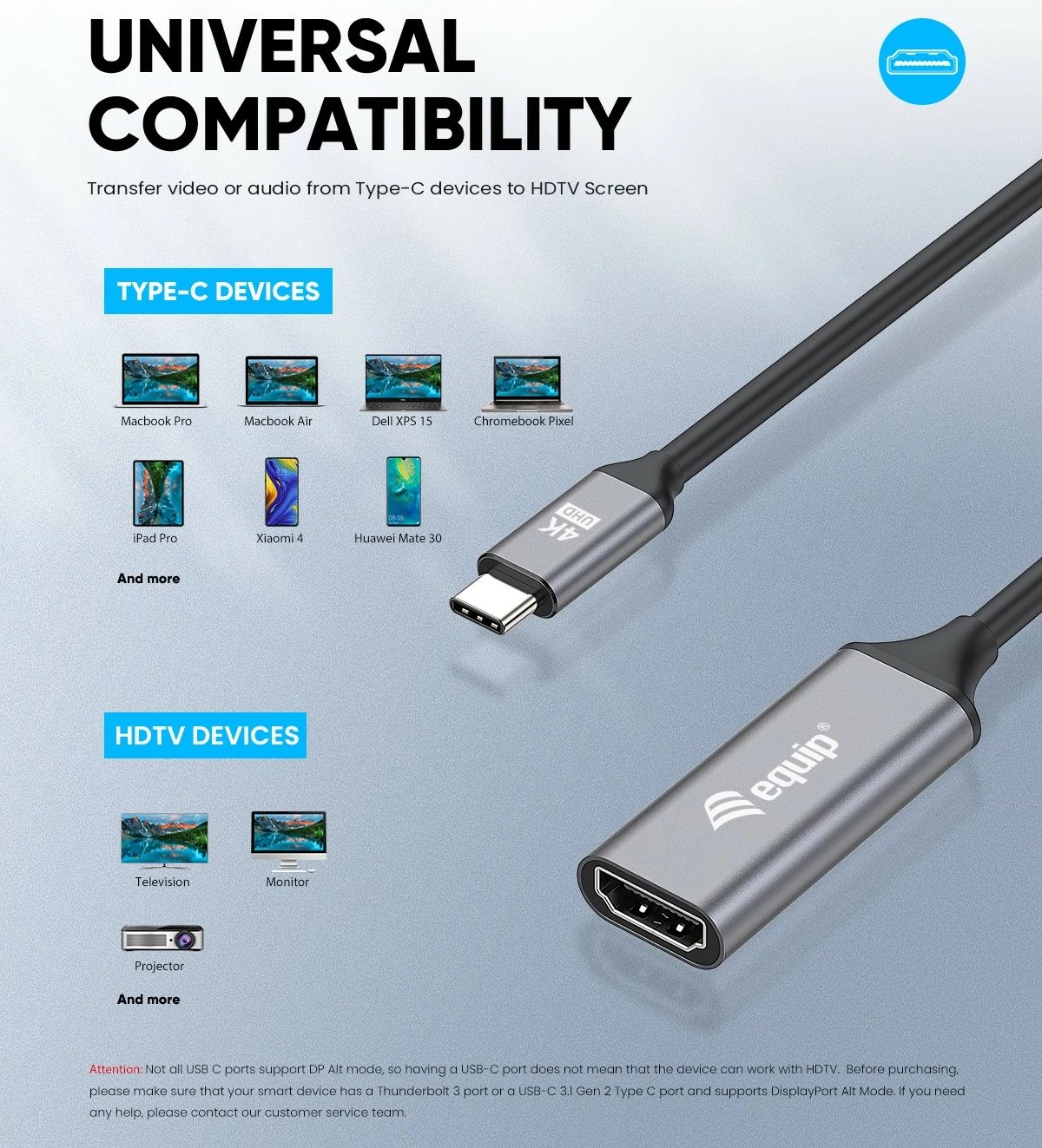 Adapter USB-C në HDMI 2.0 Equip, 4K/60Hz, 0.15m, i zi/gri