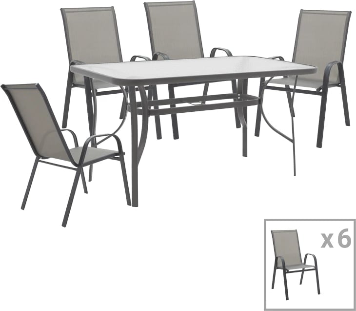 Tavolinë me karrige Calan-Ensure set prej 7 copash, metal dhe tekstilene antracit