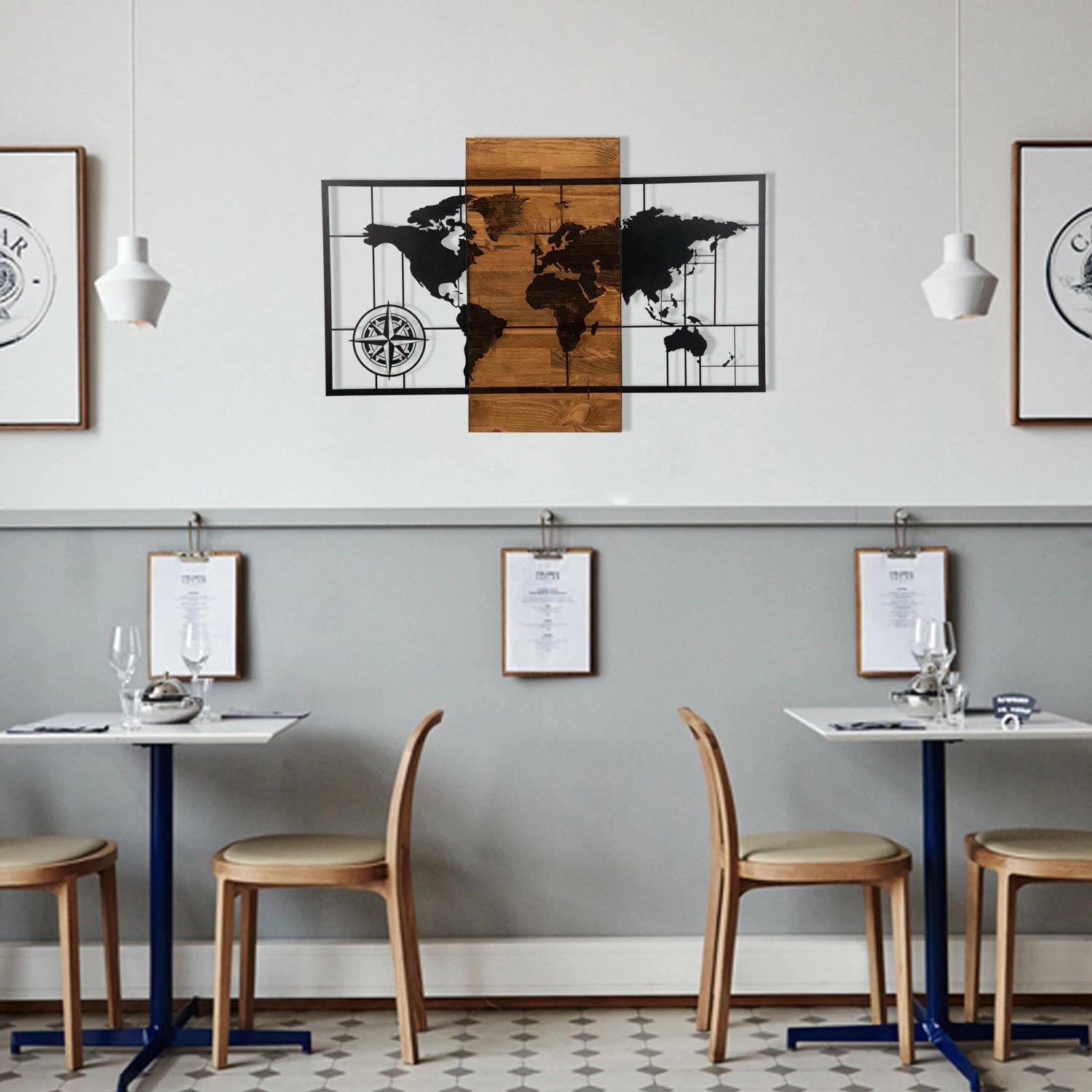 Aksesor dekorativ për mur, hartë bote me busull, ngjyrë e zezë dhe arre, 85x58cm