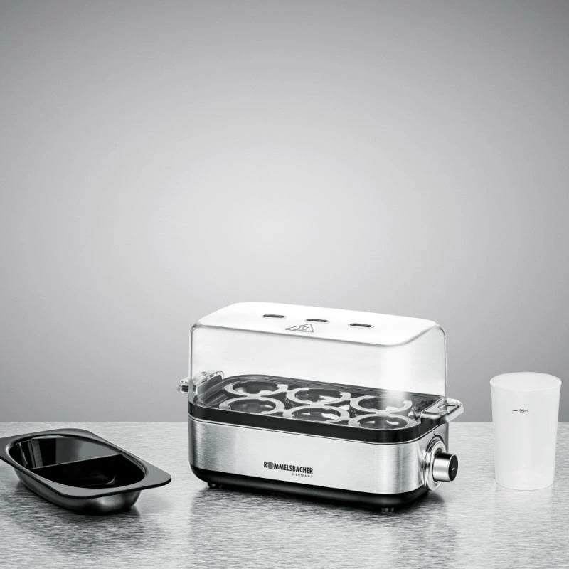 Zierëse vezësh, Rommelsbacher ER 600, 1–6 vezë, pllakë çelik inox, sinjal zanor, futje për poached 2 vezë, argjend/zezë