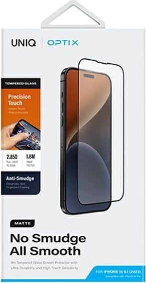 Mbështjellës xhami i temperuar UNIQ Optix Matte për iPhone 15 / 14 Pro me aplikator